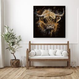 "Warren Reed - Designer Bronze Splashart Highland Cow Canvas - Size: W30"" x H30""" - thumbnail 1