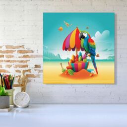 "Warren Reed - Designer Parrot On A Beach Holiday Canvas in Yellow - Size: W30"" x H30""" - thumbnail 2