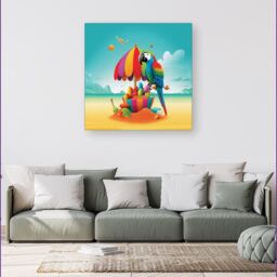 "Warren Reed - Designer Parrot On A Beach Holiday Canvas in Yellow - Size: W30"" x H30""" - thumbnail 4