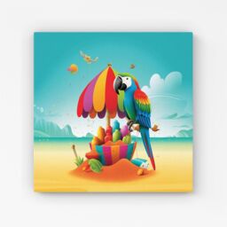 "Warren Reed - Designer Parrot On A Beach Holiday Canvas in Yellow - Size: W30"" x H30""" - thumbnail 1