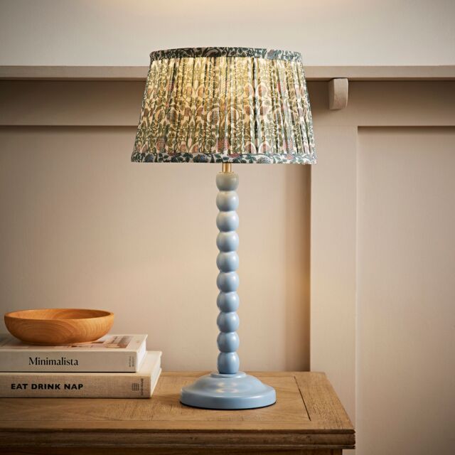 ValueLights Bobbin Bobble Table Lamp with Floral Pleated Tapered Lamp Shade in Pale Blue - image 1