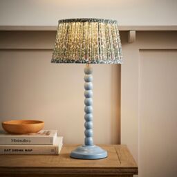 ValueLights Bobbin Bobble Table Lamp with Floral Pleated Tapered Lamp Shade in Pale Blue - thumbnail 1