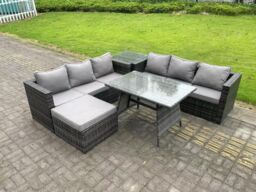 Fimous 7 Seater Rattan Garden Dining Set Outdoor Furniture Sofa with Dining Table Big Footstool Side Table in Dark Grey - thumbnail 2