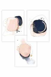 ARTZE Set of 3 Abstract Blue Pink Watercolour Shapes Art Posters - Size: W50 cm x H70 cm - thumbnail 1
