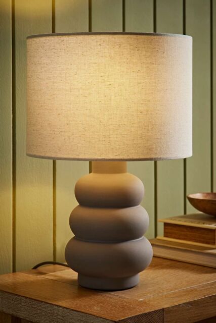 ValueLights Rochella Natural Linen Drum Shade Grey Bubble Stack Ceramic Stonewear Table Lamp in Off-White - image 1
