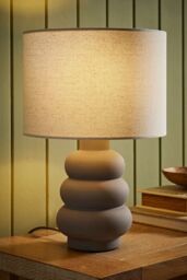 ValueLights Rochella Natural Linen Drum Shade Grey Bubble Stack Ceramic Stonewear Table Lamp in Off-White