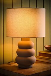 ValueLights Rochella Natural Linen Drum Shade Grey Bubble Stack Ceramic Stonewear Table Lamp in Off-White - thumbnail 2