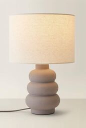 ValueLights Rochella Natural Linen Drum Shade Grey Bubble Stack Ceramic Stonewear Table Lamp in Off-White - thumbnail 3