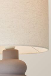 ValueLights Rochella Natural Linen Drum Shade Grey Bubble Stack Ceramic Stonewear Table Lamp in Off-White - thumbnail 4