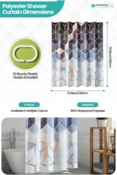 Neel Blue Geometric Bathroom Shower Curtain with 12 Hooks, Mould & Mildew Resistant in Blue - Size: 180 cm width x 200 cm drop - thumbnail 2