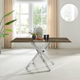 FurnitureboxUK Leonardo 6-Seater Dining Table With Marble Effect Glass Top & Silver Metal Legs in Dark Brown