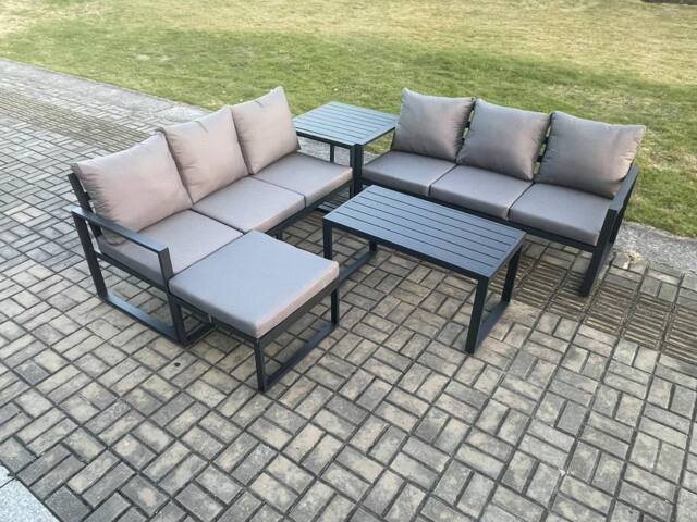 Fimous Aluminium 5 Pieces Outdoor Garden Furniture Lounge Sofa Set with Oblong Coffee Table Big Footstool Side Table Dark Grey - image 1
