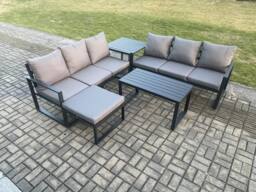 Fimous Aluminium 5 Pieces Outdoor Garden Furniture Lounge Sofa Set with Oblong Coffee Table Big Footstool Side Table Dark Grey - thumbnail 1