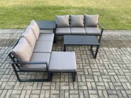Fimous Aluminium 5 Pieces Outdoor Garden Furniture Lounge Sofa Set with Oblong Coffee Table Big Footstool Side Table Dark Grey - thumbnail 2