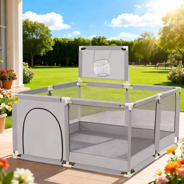 Ventryn Portable Kids Playpen Activity Center with Hoop Grey Safety Yard