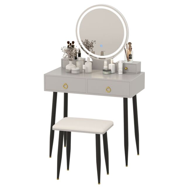 Gymax Dressing Table With Stool LED Lighted Mirror Vanity Desk With Drawers in Grey - image 1