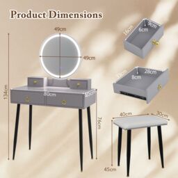 Gymax Dressing Table With Stool LED Lighted Mirror Vanity Desk With Drawers in Grey - thumbnail 2
