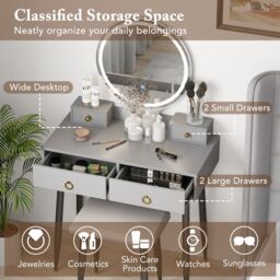 Gymax Dressing Table With Stool LED Lighted Mirror Vanity Desk With Drawers in Grey - thumbnail 4