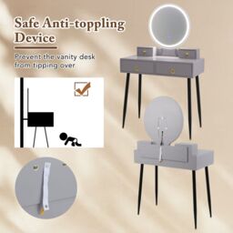 Gymax Dressing Table With Stool LED Lighted Mirror Vanity Desk With Drawers in Grey - thumbnail 6