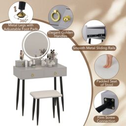 Gymax Dressing Table With Stool LED Lighted Mirror Vanity Desk With Drawers in Grey - thumbnail 5