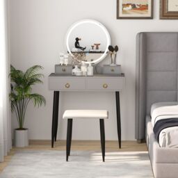 Gymax Dressing Table With Stool LED Lighted Mirror Vanity Desk With Drawers in Grey - thumbnail 8