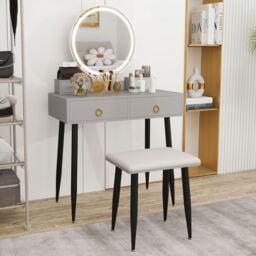 Gymax Dressing Table With Stool LED Lighted Mirror Vanity Desk With Drawers in Grey - thumbnail 7