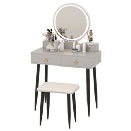 Gymax Dressing Table With Stool LED Lighted Mirror Vanity Desk With Drawers in Grey - thumbnail 1