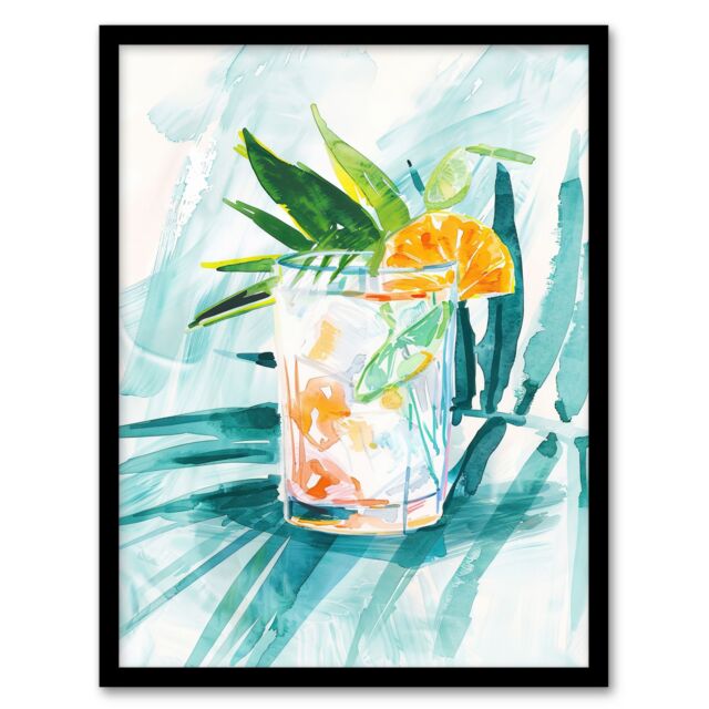 "Artery8 Cuba Libre Cocktail Monstera Leaf Watercolour Framed Art Print in Blue - Size: W12"" x H16""" - image 1