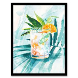 "Artery8 Cuba Libre Cocktail Monstera Leaf Watercolour Framed Art Print in Blue - Size: W12"" x H16""" - thumbnail 1