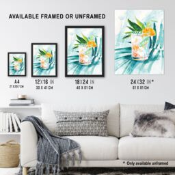 "Artery8 Cuba Libre Cocktail Monstera Leaf Watercolour Framed Art Print in Blue - Size: W12"" x H16""" - thumbnail 3