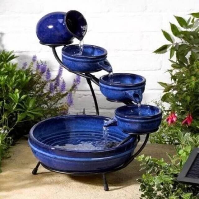 Marco Paul 49cm Blue Ceramic Five Tier Solar Powered Water Fountain - image 1