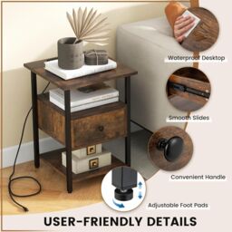 Gymax Nightstand Bedside End Table With Charging Station Drawer Open Shelves in Brown - thumbnail 4
