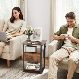 Gymax Nightstand Bedside End Table With Charging Station Drawer Open Shelves in Brown - thumbnail 6