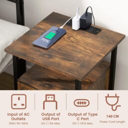 Gymax Nightstand Bedside End Table With Charging Station Drawer Open Shelves in Brown - thumbnail 2