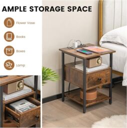 Gymax Nightstand Bedside End Table With Charging Station Drawer Open Shelves in Brown - thumbnail 3