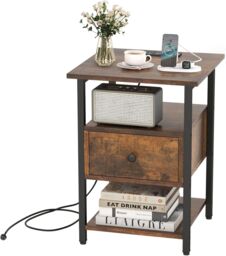 Gymax Nightstand Bedside End Table With Charging Station Drawer Open Shelves in Brown - thumbnail 1