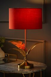 ValueLights Christina Fabric Drum Shade Gold Palm Leaf Detail Single Stem Table Lamp in Burnt Orange - thumbnail 2