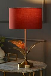 ValueLights Christina Fabric Drum Shade Gold Palm Leaf Detail Single Stem Table Lamp in Burnt Orange
