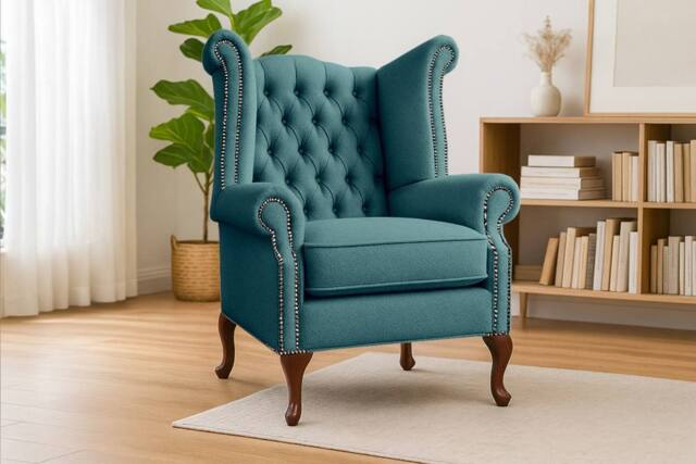 Somnior Chesterfield Queen Anne Scrolled Arm Chair Sherpa Fabric in Turquoise - Size: 1 Seater - image 1