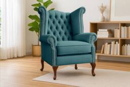 Somnior Chesterfield Queen Anne Scrolled Arm Chair Sherpa Fabric in Turquoise - Size: 1 Seater - thumbnail 1