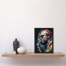 "Artery8 Wall Art Print Saxophone Player Playing Music Acrylic Painting Blue Pink Yellow Jazz Musician Portrait Art Framed in Black - Size: W12"" x H16""" - thumbnail 4