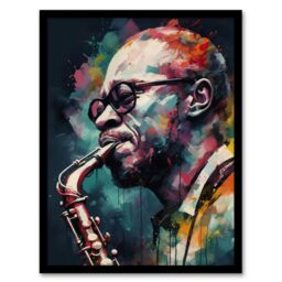 "Artery8 Wall Art Print Saxophone Player Playing Music Acrylic Painting Blue Pink Yellow Jazz Musician Portrait Art Framed in Black - Size: W12"" x H16""" - thumbnail 1