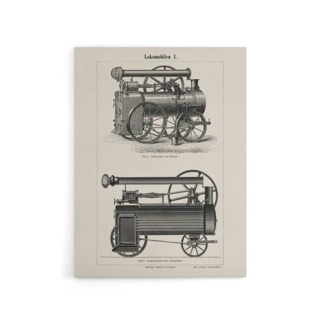 "Artery8 Lokomobilen Locomotive Steam Train Engine Vintage Canvas Wall Art in White - Size: W18"" x H24""" - image 1
