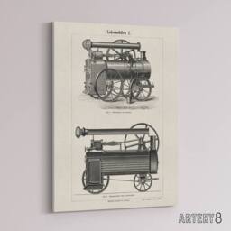 "Artery8 Lokomobilen Locomotive Steam Train Engine Vintage Canvas Wall Art in White - Size: W18"" x H24""" - thumbnail 2