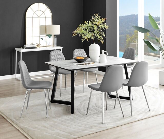 FurnitureboxUK Carson White Marble Effect Dining Table & 6 Corona Silver Chairs in Grey - image 1
