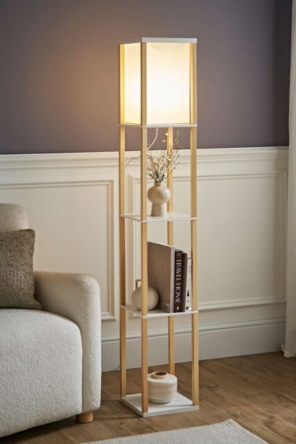 ValueLights Struttura Wooden Shelving Floor Lamp with Fabric Shade in Light Oak - image 1
