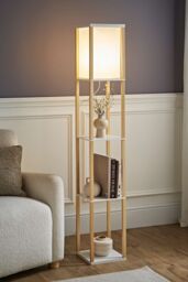 ValueLights Struttura Wooden Shelving Floor Lamp with Fabric Shade in Light Oak