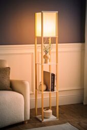 ValueLights Struttura Wooden Shelving Floor Lamp with Fabric Shade in Light Oak - thumbnail 2