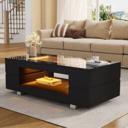 Matteo Modern Black LED Coffee Table - High Gloss, Open Storage, Glass Top - thumbnail 5