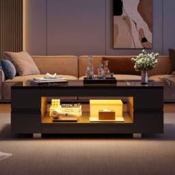 Matteo Modern Black LED Coffee Table - High Gloss, Open Storage, Glass Top